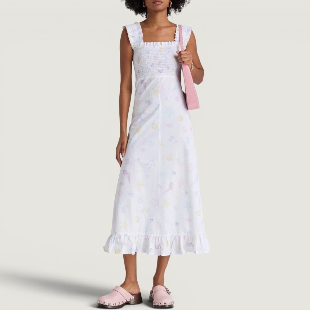 NEW Ganni Seashell Print Cotton Poplin Midi Dress White Size 40 US 8